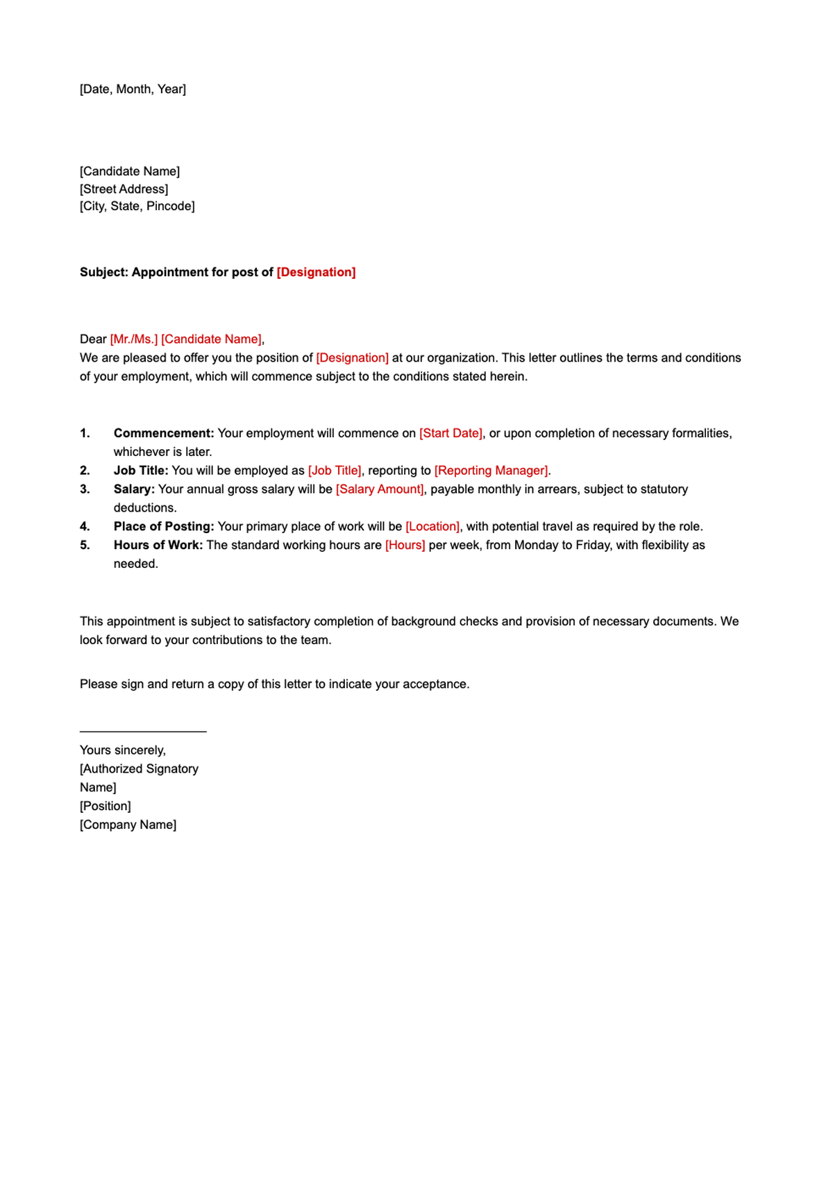 Standard job offer letter template with placeholder fields_variant_2